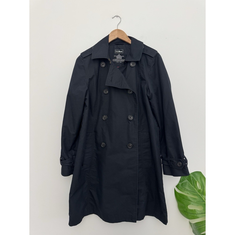 L.L Bean trench Coat Black Double Breasted Black Pea Size Small( No Belt)‎